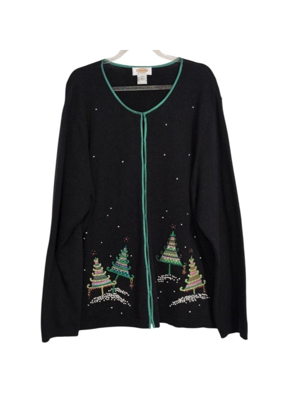 Talbots Beaded Christmas Trees Cardigan Womens Size 3X Black Festive Holiday